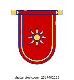 A vector illustration of a red banner with a yellow border and a sun symbol in the center. The sun-like symbol has eight rays. Ideal for themes related to flags, emblems, and cultural symbols