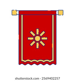 A vector illustration of a red banner with a yellow border and a sun symbol in the center. The sun-like symbol has eight rays. Ideal for themes related to flags, emblems, and cultural symbols