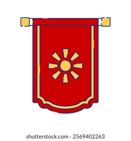 A vector illustration of a red banner with a yellow border and a sun symbol in the center. The sun-like symbol has eight rays. Ideal for themes related to flags, emblems, and cultural symbols