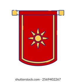 A vector illustration of a red banner with a yellow border and a sun symbol in the center. The sun-like symbol has eight rays. Ideal for themes related to flags, emblems, and cultural symbols