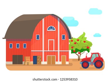 Vector illustration of a red barn with wooden boxes in flat cartoon style. Red tractor near barn. 