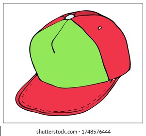 Vector illustration with a red basic simple Baseball cap. Stylized drawing for your web site design, logo, icon, app, UI. Isolated stock illustration on white background. Cartoon style