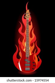 Vector illustration of red bass guitar in flames on black background