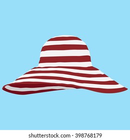 Vector illustration red beach hat on blue background. Striped sun summer hat