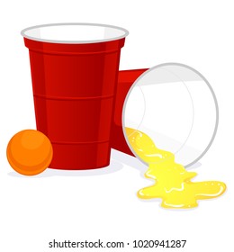 Vector Illustration Of Red Beer Pong Plastic Cup With Ball And Spill Of Beer