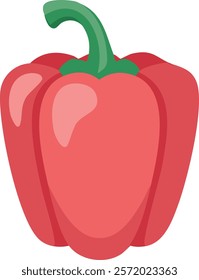 Vector illustration of a red bell pepper with a green stem, featuring a shiny and smooth surface, designed in a vibrant and clean cartoon style