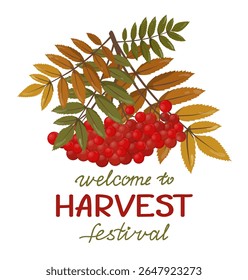 Vector illustration of red berries and colorful autumn leaves with the words Welcome to the Harvest Festival in decorative font. Perfect for seasonal greetings and festival promotions.
