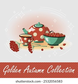 Vector illustration with red Berries, red Teapot and cup with polka dots, Rosehip in plate and Viburnum Twigs