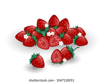 Vector illustration red berry strawberry, strawberry blossom and a half of strawberry isolated on white background. red summer fruit in flat design.