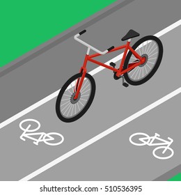 Vector illustration. Red Bicycle on the bike road. Isometric, 3D