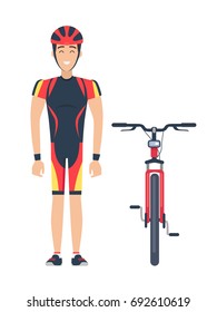 Vector illustration of red bicycle and smiling sportsman dressed in cycling clothing including helm and wristbands isolated icons on white.