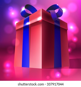 Vector illustration of a red big gift box with a blue bow. Big present. Reflective surface.