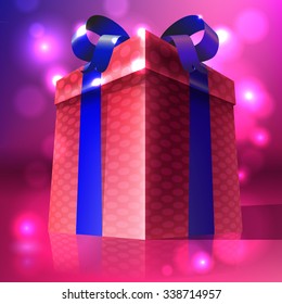 Vector illustration of a red big gift box with a blue bow. Big present. Dotted box. Reflective surface.