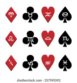 Vector illustration of red and black card suit icons with astrology zodiac symbol designs. 