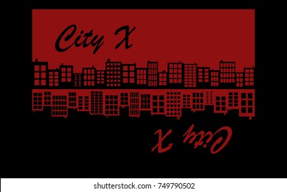 Vector illustration of red and black city skyline landscape with dark motives. Logo design of a visit card. 