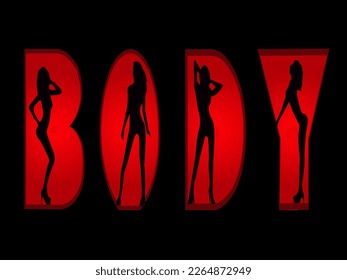 ilustración vectorial en colores rojo y negro con una imagen estilizada de la palabra cuerpo y figuras femeninas para el diseño interior de discotecas, clubes nocturnos, escenarios, estudios y salas de fitness