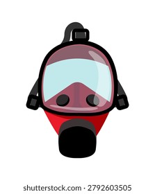 Vector illustration of a red and black firefighter full face gas mask respirator. Isolated flat cartoon object for emergency smoke and toxic protection.
