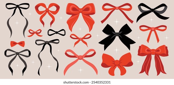 Ilustración vectorial de rojo, negro girly vintage conjunto de arco. Arco para la decoración del cabello. Cintas aisladas. Accesorios de moda para niñas. Elementos de peinado lindo colección. De moda, coqueta, cinta. invitación de Boda