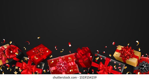Vector illustration of red, black and golden gift boxes with ribbons, bows and shadows, and small shiny pieces of serpentine on dark background