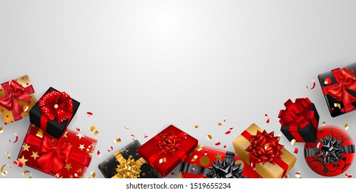 Vector illustration of red, black and golden gift boxes with ribbons, bows and shadows, and small shiny pieces of serpentine on white background