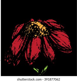 A vector illustration of a red & black graphic flower. Hand drawn with pen. Night.