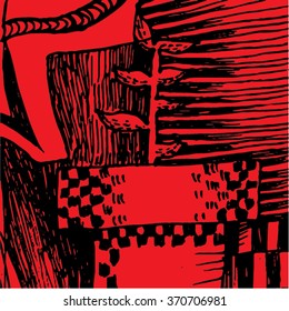 Vector illustration of red and black hand drawn graphic pattern / background. Checkers, lines, distressed, distorted, tube, plant, grunge image.