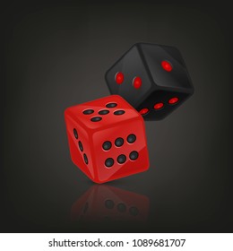 Vector illustration of red and black realistic game dice icon in flight closeup on black background. Casino gambling design template for app, web, infographics, advertising, mock up etc