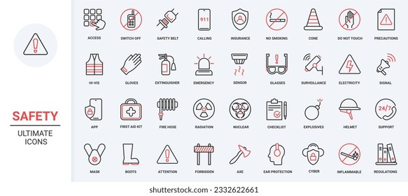 Vector illustration red black thin line icons set for safety, accident risk for health, including life protection care symbols, emergency service danger disasters, safe insurance shield, support