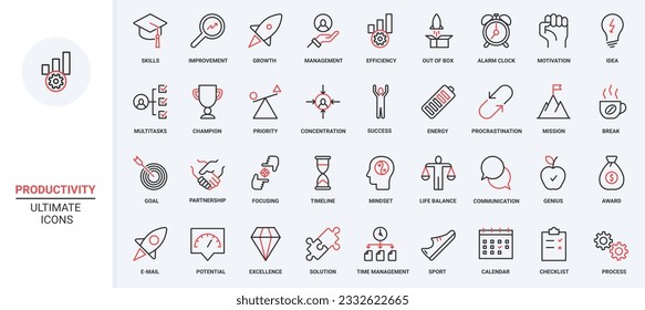 Vector illustration red black thin line icons set for productivity, skill growth, self-improvement, business training, education business training staff, development multitasking concentration mission