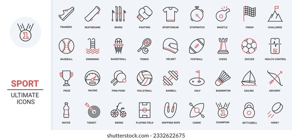 Vector illustration red black thin line icons set for sport training workout, medical mobile app to control health healthy exercises in gym, award football, tennis basketball competition