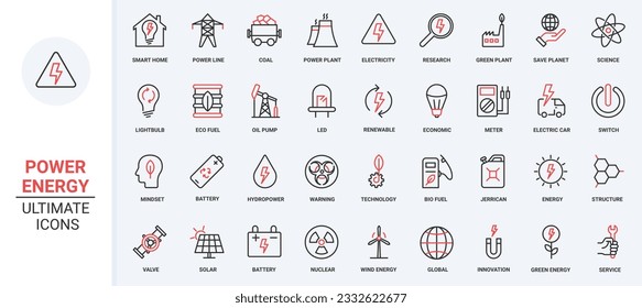 Vector illustration red black thin line icons set electric power plant energy, global green technology to save manage renewable resources nature, hydro and nuclear factory, and eco fuel.