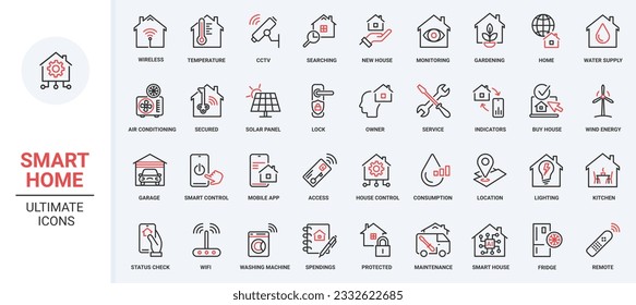 Vector illustration red black thin line icons set smart home devices, virtual reality technology, autonomous lighting automated software to control temperature house, air conditioner drone