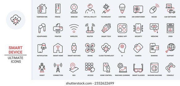 Iconos de la línea delgada roja de la ilustración del vector establecen la tecnología de hogar inteligente, los símbolos de la aplicación móvil el servicio de control del sistema de la casa, el acondicionamiento de la seguridad de la vigilancia, el estado del acceso de bloqueo remoto