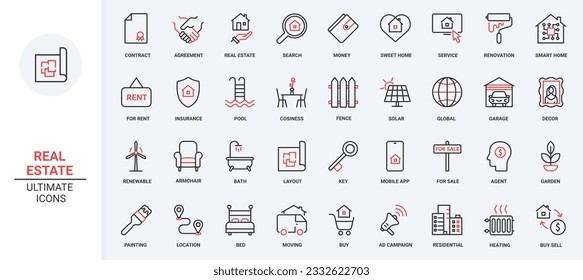 Vector illustration red black thin line icons set real estate, including rent, sale deals, mortgage contract property, family home apartment, garage