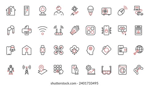 Vector illustration red black thin line icons set smart home technology, mobile app symbols control service of house system, surveillance security conditioning, status of remote lock access