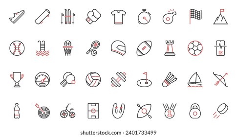 Vector illustration red black thin line icons set for sport training workout, medical mobile app to control health healthy exercises in gym, award football, tennis basketball competition