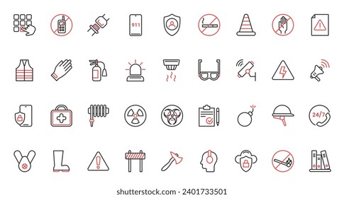 Vector illustration red black thin line icons set for safety, accident risk for health, including life protection care symbols, emergency service danger disasters, safe insurance shield, support