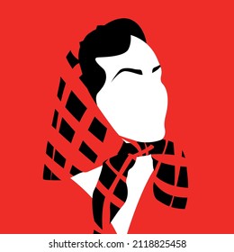 Vector illustration in red, black and white with the image of a girl in a headscarf. Idea for a poster, invitation and postcard