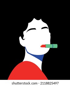 Vector illustration in red, black, white and blue with the image of a girl with lipstick. An idea for a poster, invitation, postcard and lipstick advertisement