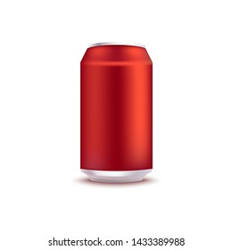 Vector illustration of red blank aluminum can mockup side view for alcohol or fizzy drink branding and advertising in realistic 3d style. Isolated metallic tin for beer or soda.