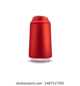 Vector illustration of red blank aluminum can mockup below side view for alcohol or fizzy drink in realistic 3d style. Isolated metallic tin for beer or soda branding and advertising.