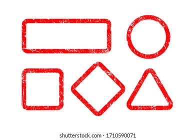 Vector Illustration red blank geometrical frames in grunge texture style set. Design templates of brush painted grungy rectangle, square, rhombus, triangle and circle isolated on white background