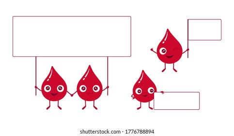 Ilustración vectorial del caracter de gota de sangre roja sosteniendo un cartel y una bandera en blanco. Copia espacio para tu texto o lema.