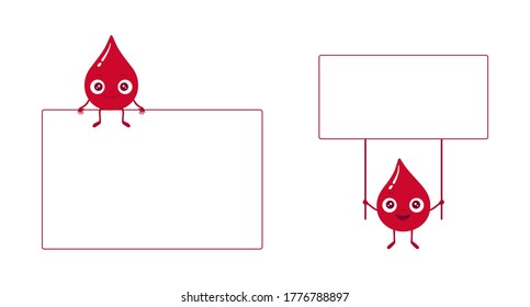 Ilustración vectorial del caracter de gota de sangre roja sosteniendo un cartel en blanco y sentado en un tablero. Copia espacio para tu texto o lema.