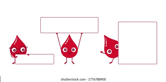 Vector illustration of red blood drop character holding up a blank sign board, standing behind a board. Copy space for your text or slogan.