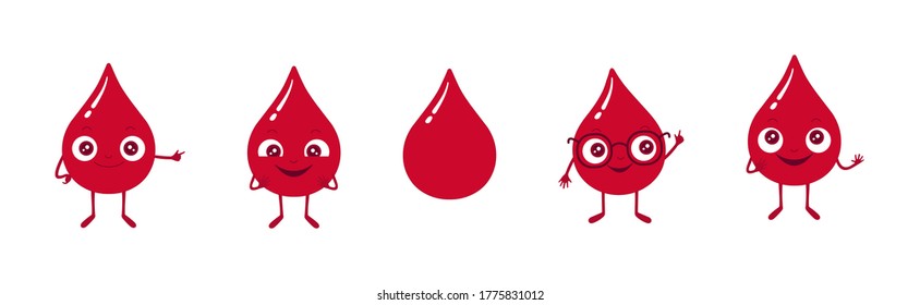 Vector illustration of red blood drops. Smiling drop cartoon characters. World blood donor day, medical blood test and donation concept. Smart drop in glasses, signing to the side, looking up. 
