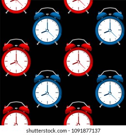 Vector illustration of red and blue alarms clock pattern.