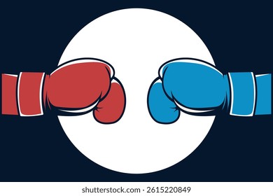 Vector illustration of red and blue boxing gloves facing off in a flat bold style. Perfect for sports or competition themes. eps10