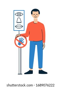 Vector illustration in red and blue colors isolated on white background. Avoid touching eyes, nose and mouth. Do not touch your face. Coronavirus COVID-19 outbreak. Personal hygiene