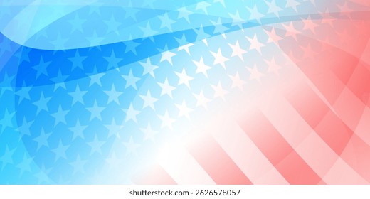 Vector illustration in red and blue colors of the American flag with dynamic waving stripes and stars, designed in a patriotic style, suitable for celebrations and national holidays.